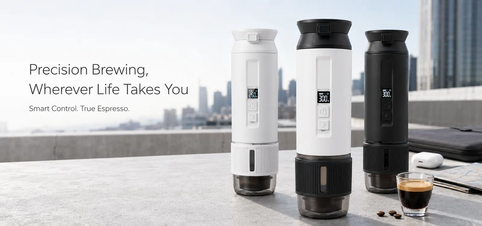 DQ-010 Premium LCD Portable Coffee Maker for Capsules, Ground Coffee and Portable Drip Use in official TK Classic product photography