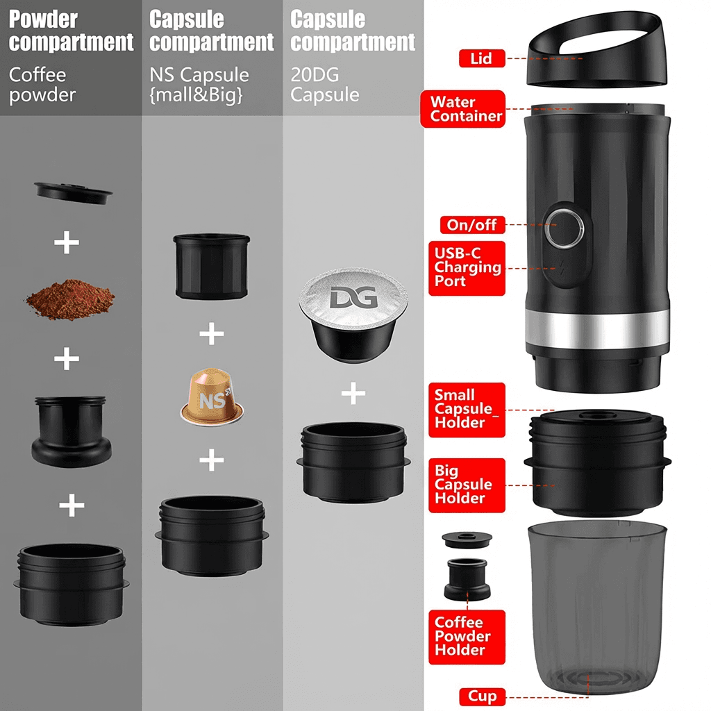 DQ-001 BrewHandy 25 Bar Portable Espresso Machine with Capsule and Ground-Coffee Adapters — TK Classic product view 4